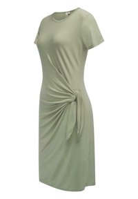 Olive green dress z krótkim rękawem, wykonana z miękkiego materiału, z efektownym węzłem na talii i luźnym krojem. Gładka struktura, długość do kolan.