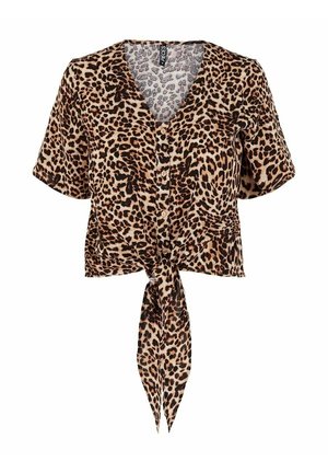 Blouse à manches courtes imprimé léopard avec boutons devant et nœud noué à l'ourlet, en tissu léger.