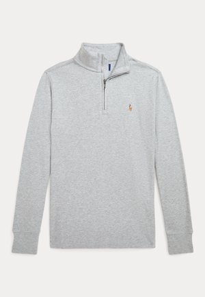 Pullover cinza claro com fecho, feito de uma mistura de algodão suave, apresentando um colarinho curto, mangas compridas e um pequeno logótipo bordado no peito.