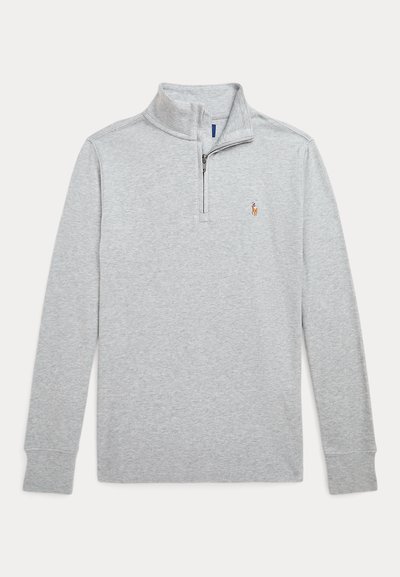 Jasnoszary rozpinany polar wykonany z miękkiej mieszanki bawełny, z konopnym kołnierzem, długimi rękawami i małym haftowanym logo na piersi.