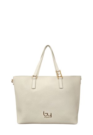 Borsa tote in pelle crema con superficie testurizzata, hardware dorato, due manici per la spalla e logo frontale. Forma rettangolare, design spazioso.