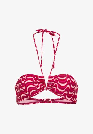 Rosa und rot gemustertes Bikinioberteil mit wellenförmigem Muster, Neckholder-Bindung und Verschluss auf der Rückseite.