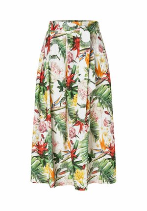 Floral midi skirt with a white background, featuring large green leaves and colorful tropical flowers. Includes a matching belt and pleats.