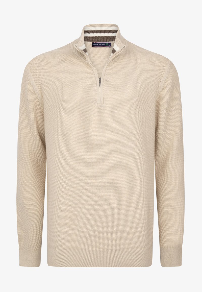 Beige gebreide trui met een ritskraag. Kenmerkt zich door het gestructureerde materiaal en contrasterende streepdetaillering bij de kraag en manchetten.