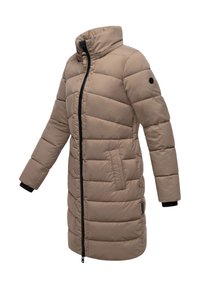 Long beige quilted winter coat with high collar, black zipper, side pockets, and black logo on upper sleeve.