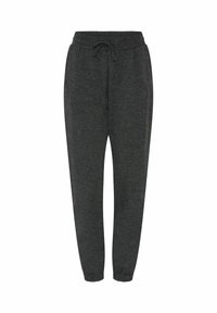 Dunkelgraue, zulaufende Jogginghosen mit elastischem Bund, Kordelzug, Seitentaschen und elastischen Bündchen.