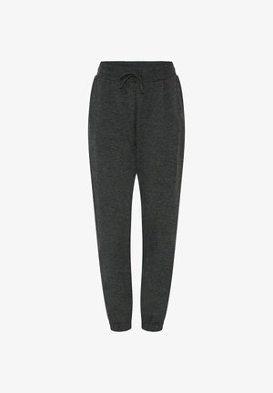 Tumši pelēkas šauras sporta bikses ar elastīgu jostu, aukliņu, sānu kabatām un elastīgiem aprocēm.