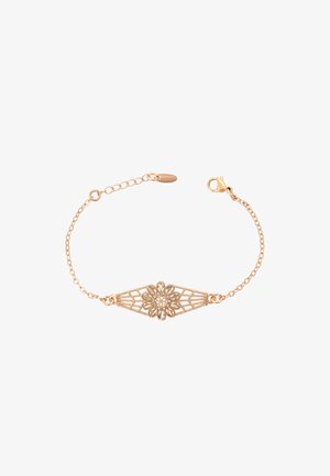 Rózsa arany karkötő virágmintás rácsos dizájnnal, gyöngy díszítéssel, láncszemmel és homárkapoccsal.