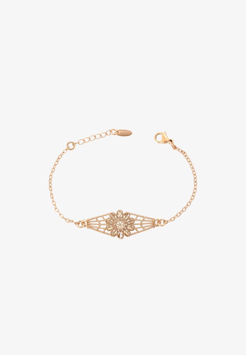 Rózsa arany karkötő virágmintás rácsos dizájnnal, gyöngy díszítéssel, láncszemmel és homárkapoccsal.