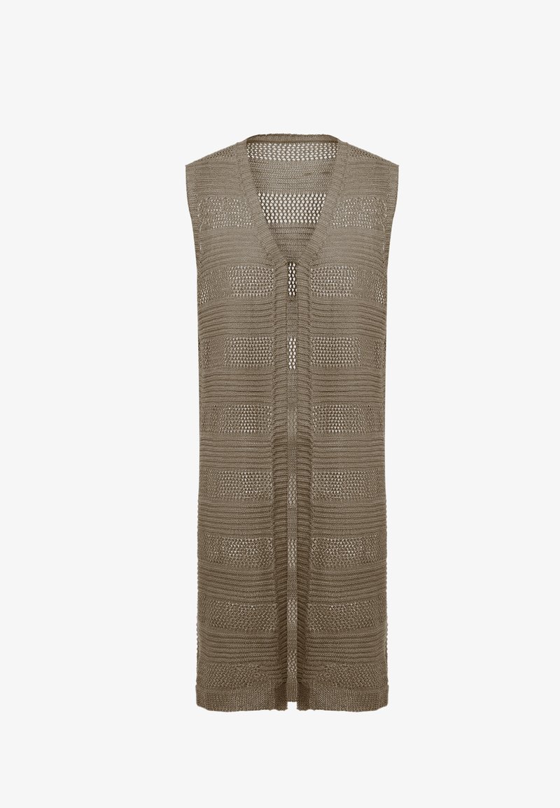 Ærmeløs cardigan med åben fron i en afdæmpet taupe nuance, med et tekstureret strikdesign med skiftende mesh- og ensfarvede striber.