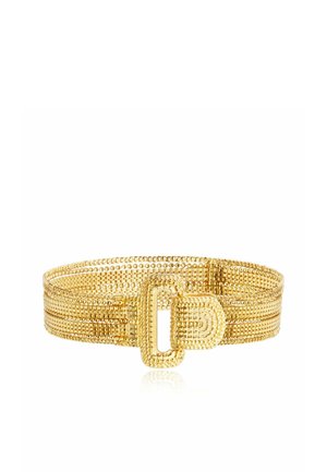 Ceinture chaîne à perles ton or avec boucle rectangulaire et passant, présentée à plat sur fond blanc.