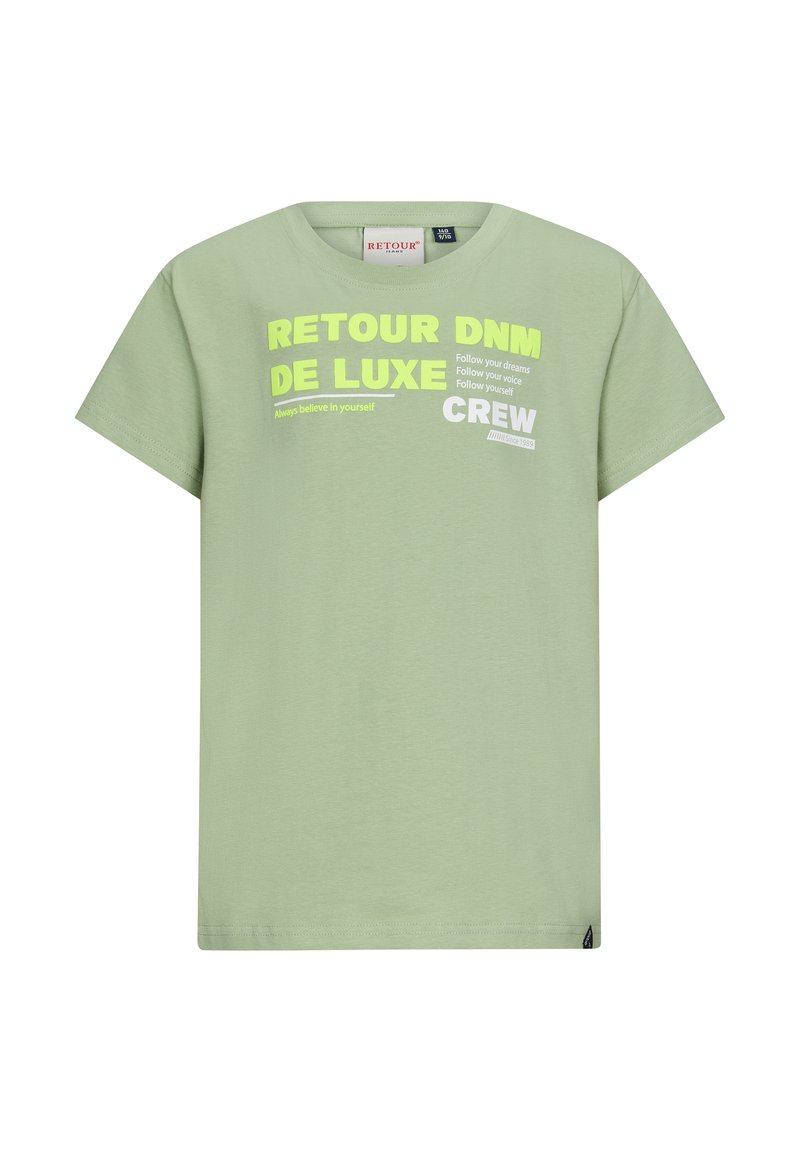 Jasnozielona bawełniana koszulka z krótkim rękawem. Na froncie znajduje się odważny tekst w kolorze żółtym i białym, w tym "RETROUR DNM DE LUXE" i "CREW."
