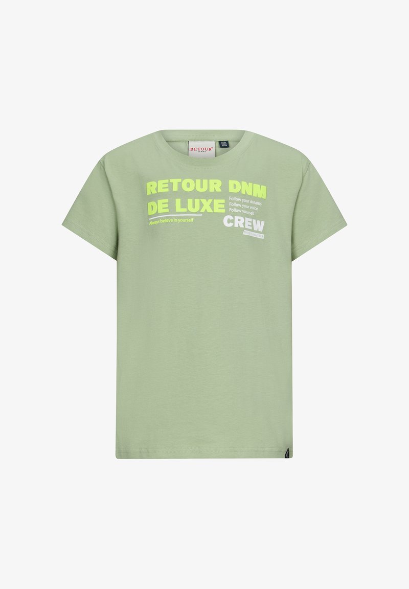 Jasnozielona bawełniana koszulka z krótkim rękawem. Na froncie znajduje się odważny tekst w kolorze żółtym i białym, w tym "RETROUR DNM DE LUXE" i "CREW."