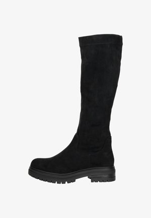 Black suede knee-high boot with a rubber sole, rounded toe, and smooth texture. Features a simple design without visible hardware or patterns.