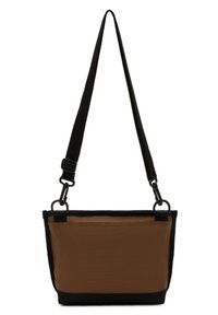 Borsa in canvas marrone con dettagli neri, forma rettangolare, tracolla regolabile e hardware in metallo. Presenta cuciture rinforzate e un design minimalista.