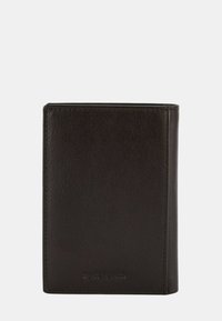 Portefeuille en cuir marron avec une texture lisse, de forme rectangulaire et un logo subtilement embossé sur le bas à l'avant. Design minimaliste avec des lignes épurées.