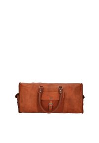 Braune Lederreisetasche mit rechteckiger Form, zwei Griffen, einer Vorderfach und Metallakzenten für sicheren Verschluss. Strukturierte Oberfläche.