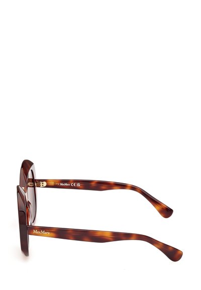 Ruske tortoiseshell sunčane naočale s debelim okvirom i elegantnim dizajnom. Oznaka "MaxMara" je na rukavu, a sadrži i svjetlucavi zlatni naglasak na šarki.