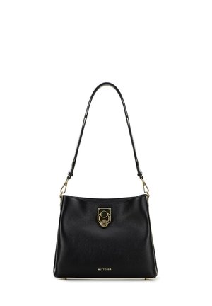Black leather handbag with textured finish, gold hardware, logo plaque, and a single shoulder strap. Features a soft, rectangular shape.