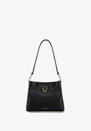 Borsa a tracolla in pelle nera con finitura testurizzata, hardware dorato, placca con logo e una sola tracolla. Presenta una forma rettangolare morbida.