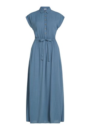Lichtblauwe maxi-jurk met korte mouwen, knoopsluiting aan de voorkant, taille met trekkoord en textuurstof. Beschikt over een tailleriem voor een getailleerde look.