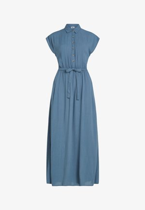 Light blue maxi dress with cap sleeves, button-front design, drawstring waist, and textured fabric. Features a belted waist for a fitted look.