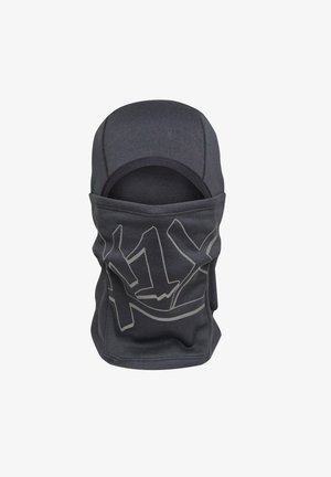 Balaclava nera realizzata in tessuto elasticizzato, con un design grafico grigio. Copre la testa e il collo, con una texture liscia e una forma aderente.