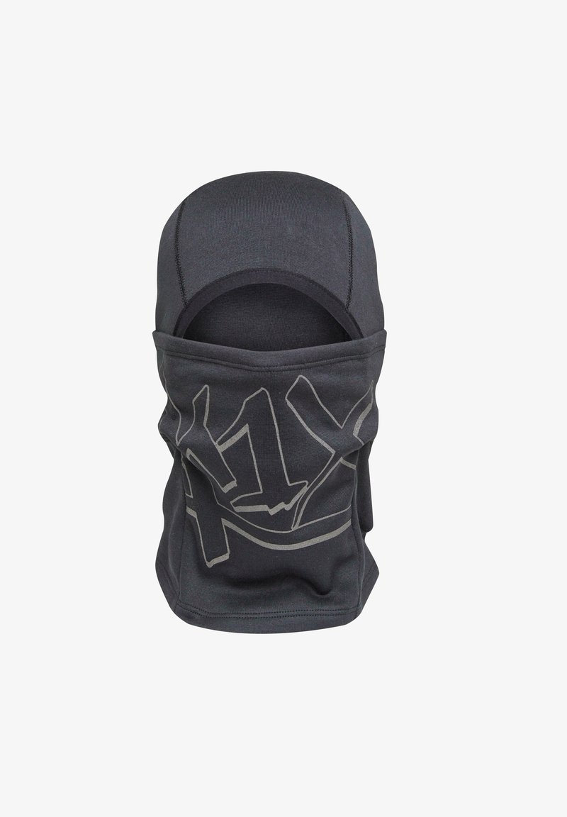 Black balaclava made of stretchy fabric, featuring a gray graphic design. It covers the head and neck, with a smooth texture and fitted shape.