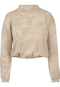 Beige avkortet hettegenser med et subtilt camomønster, lange ermer og en rynket kant. Laget av et mykt og komfortabelt stoff.