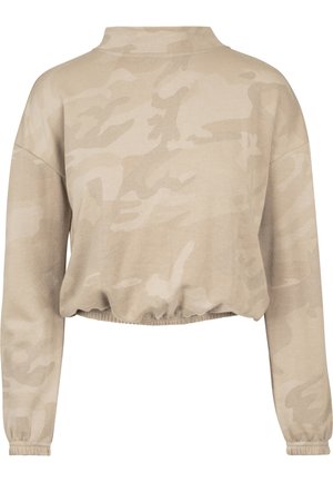 Beige, verkürzter Sweatshirt mit subtilen Camouflage-Muster, langen Ärmeln und gerafftem Saum. Hergestellt aus einem weichen, bequemen Stoff.