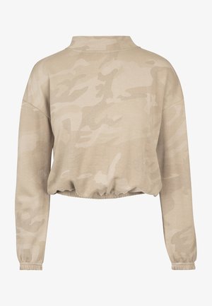 Sweatshirt court beige avec un motif camouflé subtil, à manches longues et avec unourlet froncé. Fabriqué à partir d'un tissu doux et confortable.