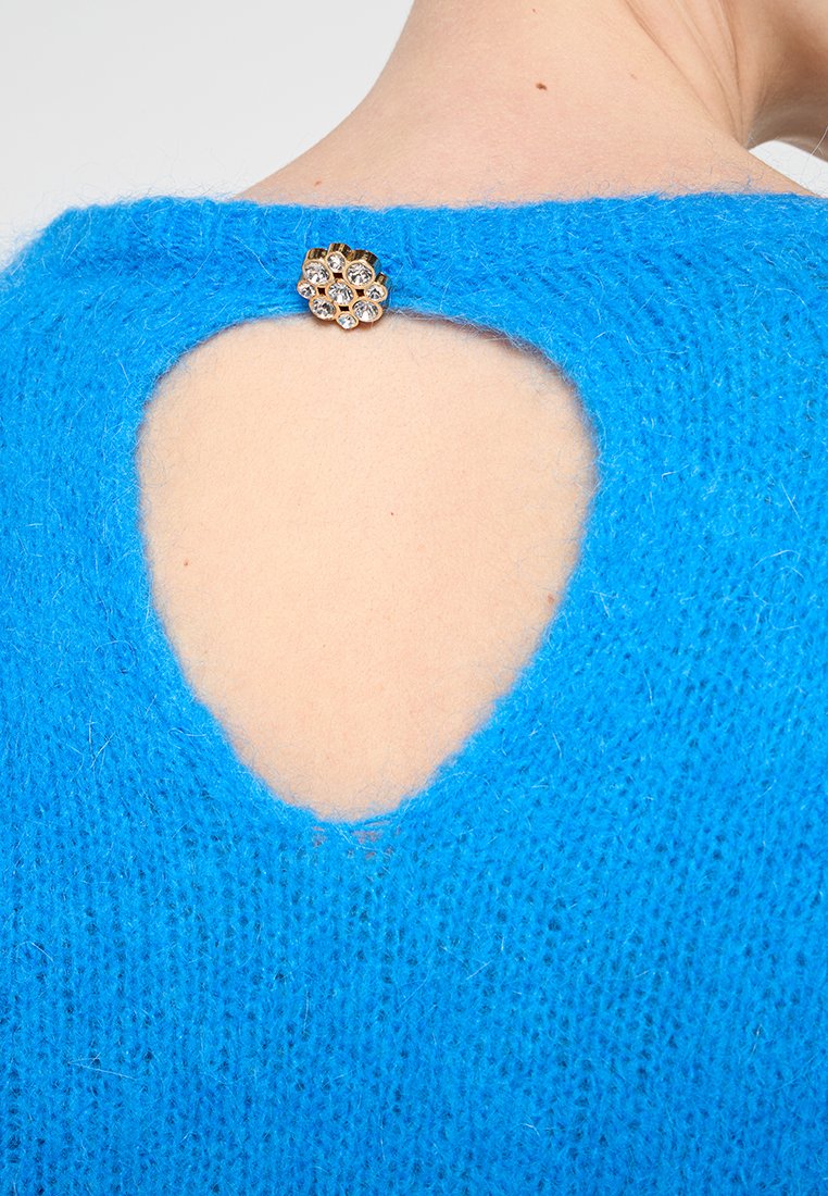 Retro di una persona che indossa un brillante pullover blu di pelliccia con un'apertura a forma di goccia chiusa da una spilla di oro incastonata di gemme.