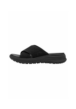 Zwarte slideslipper met dikke getextureerde zool en brede, gekruiste mesh stoffen bandjes voor casual gebruik.
