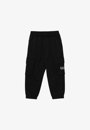 Pantalons cargo noirs en tissu doux, avec une taille élastique, deux poches latérales et un détail logo sur la jambe gauche.
