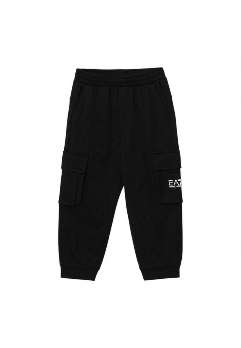 Schwarze Cargo-Hosen aus weichem Stoff, mit einem elastischen Bund, zwei Seitentaschen und einem Logodetail am linken Bein.