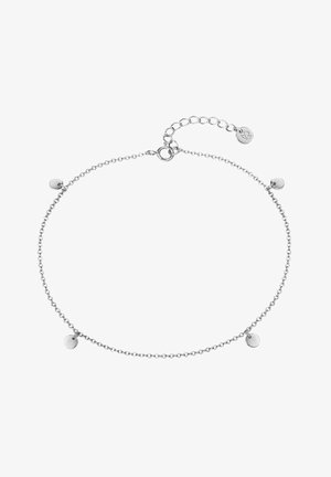 Hõbedane kettkaelakee, millel on ümmargused ripatsid, sisaldab vähilaadset haakimist ja reguleeritavat pikkust pikenduskettiga.