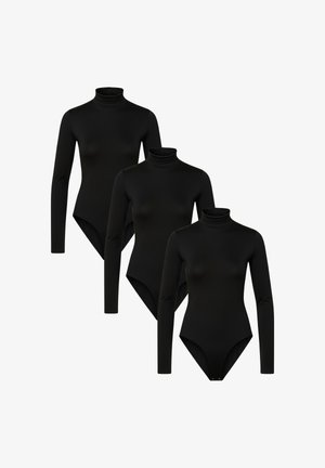 Trois bodies noirs à col roulé à manches longues identiques, présentés sur un fond blanc et disposés en diagonale de l'arrière vers l'avant.