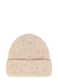 Béžová pletená čiapka z jemnej vlny, s rebrovanou štruktúrou a pestrými bodkami po celom povrchu. Ohnutý dizajn na spodnej časti.