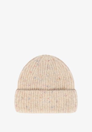 Beżowa czapka dziana z miękkiej wełny, charakteryzująca się prążkowaną strukturą i kolorowymi plamkami. Z podwinięciem u dołu.