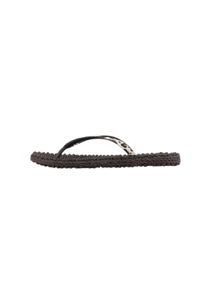 Braided rope flip-flop with a dark gray sole and a black and white animal print strap. Lightweight design suitable for casual wear.