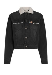 Sort denimjakke med shearlingkrave, frontlukning med knapper, to brystlommer og cropped design. Har subtile stikninger.