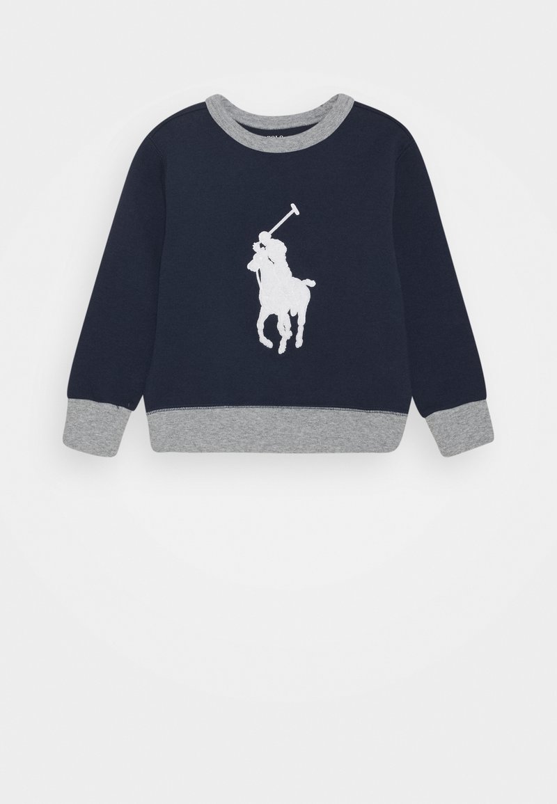 Felpa blu navy con polsini e collo grigi. Presenta un grande logo del giocatore di polo bianco sul davanti. Realizzata in tessuto morbido e confortevole.