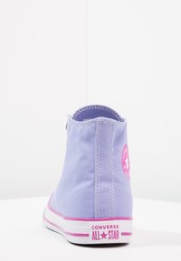 Lawendowe płócienne trampki wysokie z białą gumową podeszwą, różowymi akcentami i okrągłym logo na pięcie. Widok z tyłu pokazuje stębnowane szwy.