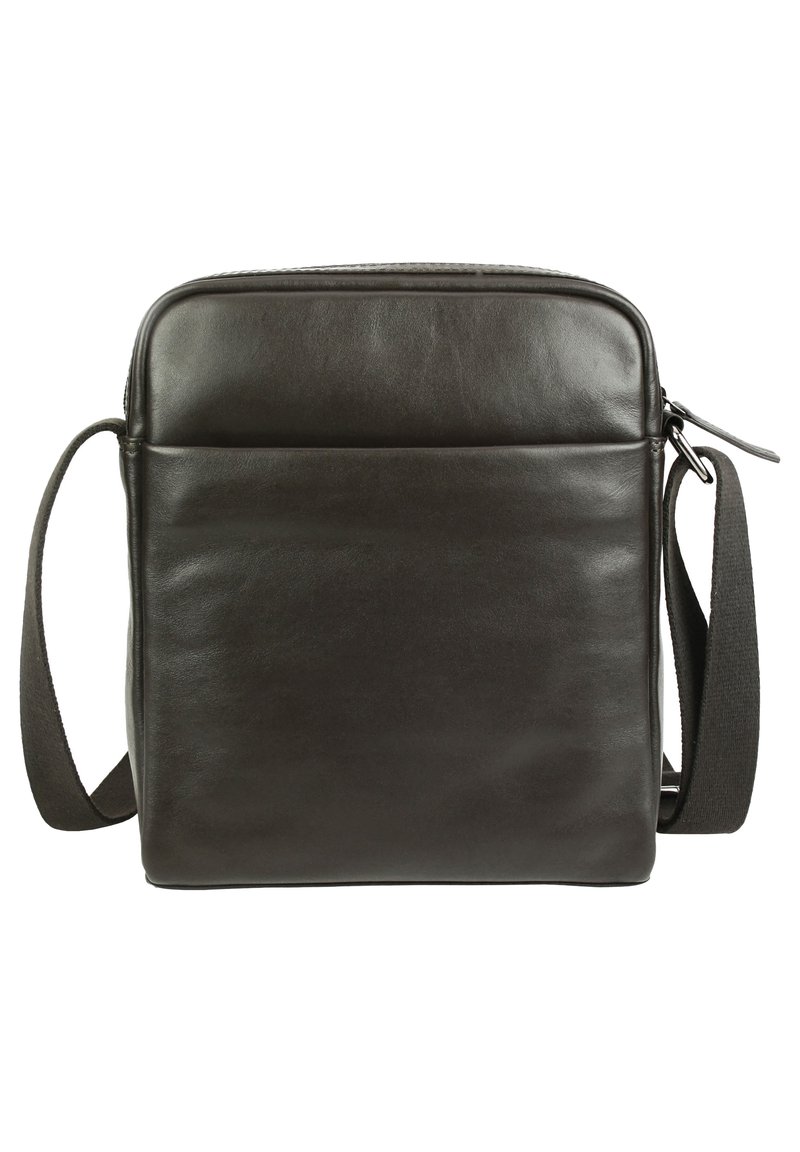 Sac messager en cuir marron foncé avec une texture lisse, de forme rectangulaire, fermeture éclair et bandoulière réglable. Poche avant ajoutant de la fonctionnalité.
