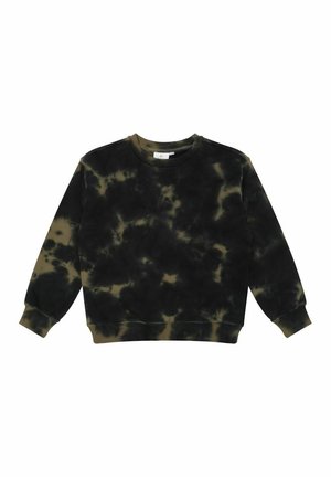 Czarna i oliwkowozielona bluza tie-dye z długimi rękawami i okrągłym dekoltem, z prążkowanymi mankietami i ściągaczem, wyłożona płasko na białym tle.