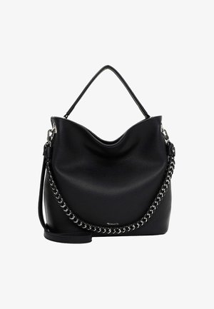 Mustast nahast käekott lõdva disainiga, tekstureeritud pinnaga, ketiga kaunistatud rihm ning eemaldatav õlarihm.