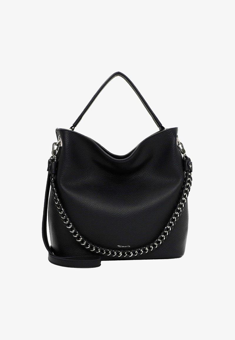 Czarna skórzana torebka o miękkim kształcie, z teksturowanym wykończeniem, paskiem zdobionym łańcuszkiem oraz odpinanym paskiem na ramię.