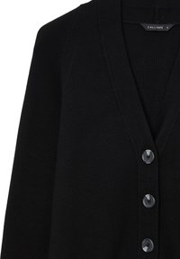 Cardigan noir en maille avec col en V et trois boutons foncés sur le devant, taille S, marque Calliope.
