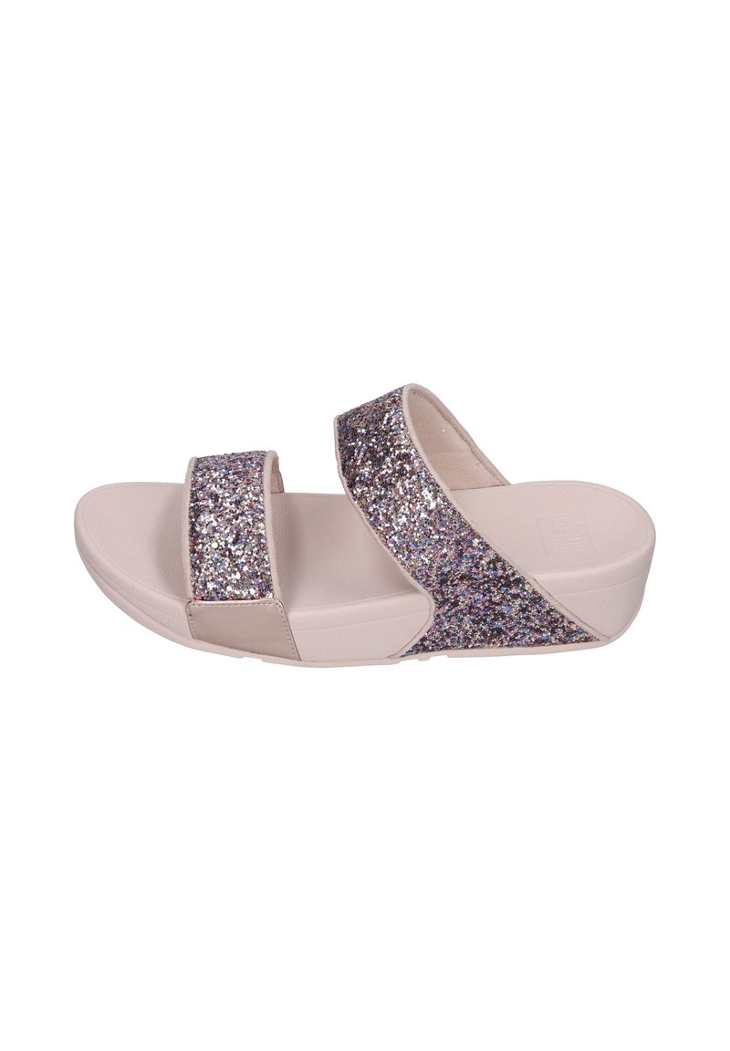 Glitter slide sandals with two wide straps in rose gold, featuring a textured glitter surface and a cushioned, light-colored sole.
