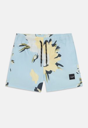 Boxer da nuoto per uomo in azzurro chiaro con stampa floreale gialla e nera. Presentano una vita elastica con cordino nero e etichetta con marchio.